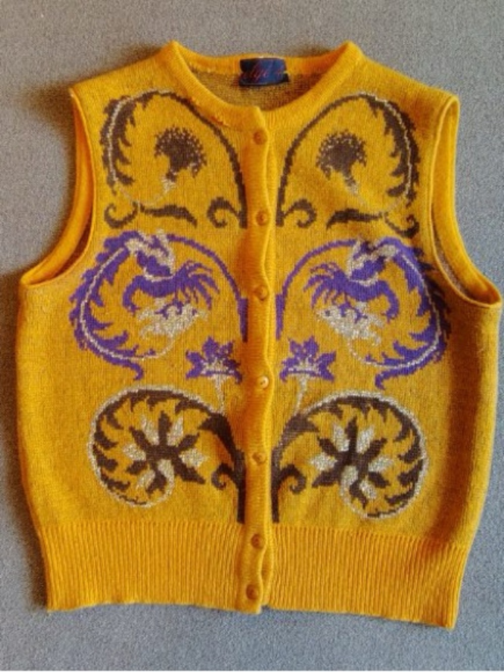Vtg Elge 4 Angora Knit Button Up Vest Women M Jacquard Floral Mustard Yellow